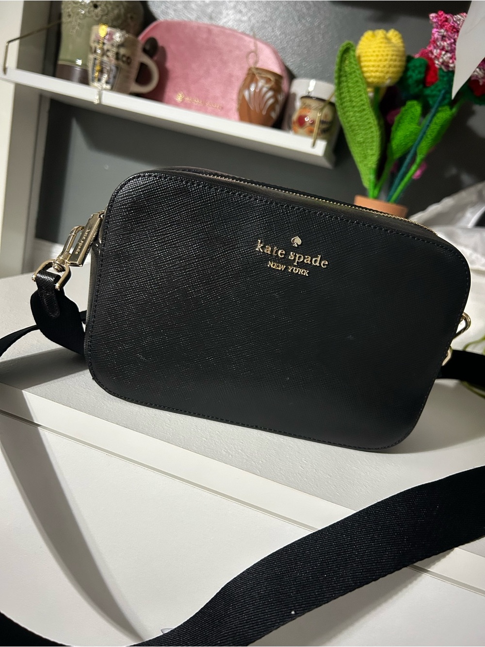 kate spade black saffiano crossbody bag with gold logo